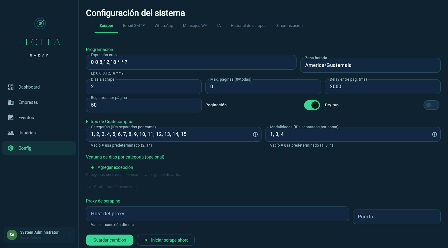 Pestaña Scraper de la configuración