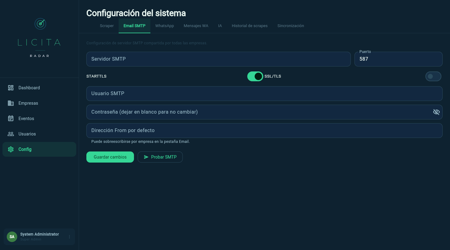 Pestaña Email SMTP